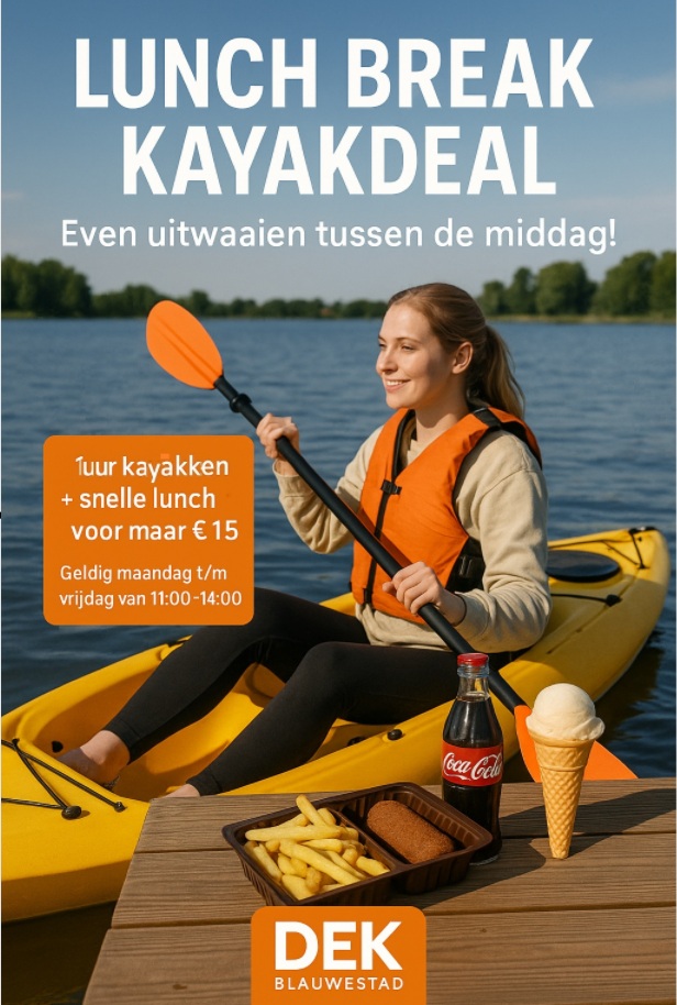 Lunch Break Kayakdeal - Even uitwaaien tussen de middag Maak van je lunchpauze een avontuur 1 uur kayakken met een snelle lunchdeal DEK Blauwestad Oldambtmeer Groningen Nederland Strand Zuid