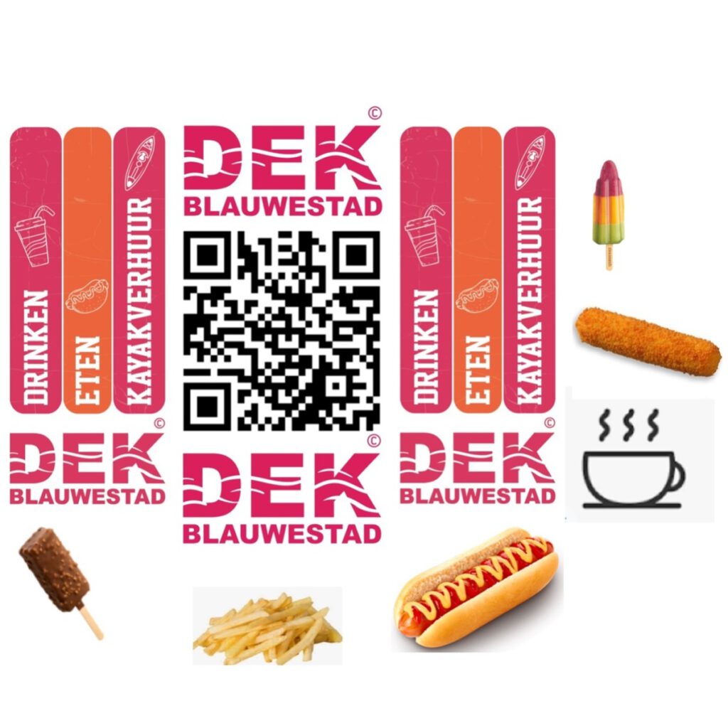 Menukaart drinken eten ijs patat snack frikandel eierbal hotdog hamburger online bestellen afhalen 2go takeaway nuttigen terras DEK Drinken Eten Kayakverhuur DEK Blauwestad