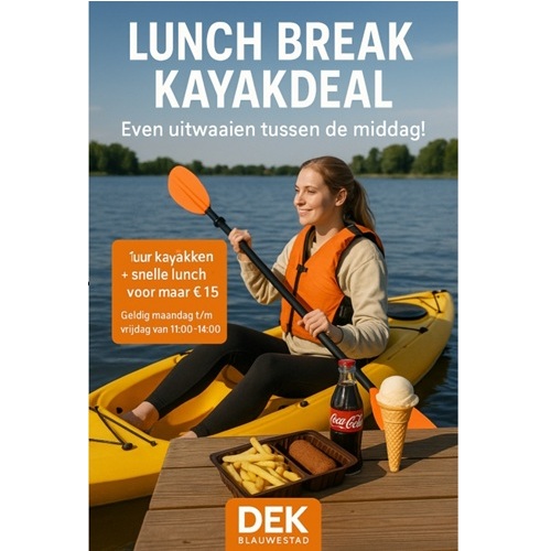Lunch Break Kayakdeal - Even uitwaaien tussen de middag - Maak van je lunchpauze een avontuur 1 uur kayakken met een snelle lunchdeal DEK Blauwestad Oldambtmeer Groningen Nederland Strand Zuid