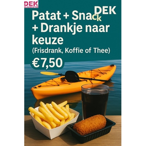 Patat + Snack + Drankje naar keuze (Frisdrank, Koffie of Thee) Kayakbootverhuurhuren DEK Blauwestad Strand Zuid Oldambtmeer Groningen Nederland