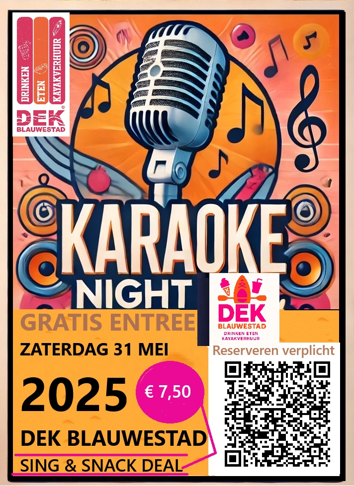Karaoke Night zaterdag 31 mei 2025 Kayakverhuur DEK Blauwestad terras Strand Zuid Oldambtmeer Groningen Nederland