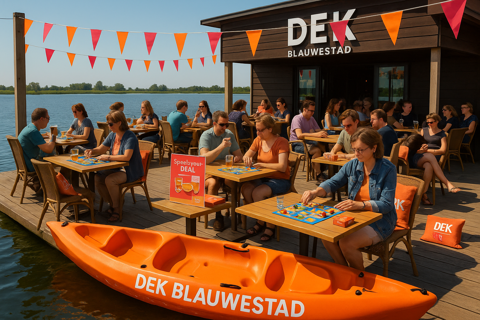 Lunchen en spelletjes aan het water Lunch en Spelletjes op Terras bij Drinken Eten Kayakverhuur DEK Blauwestad