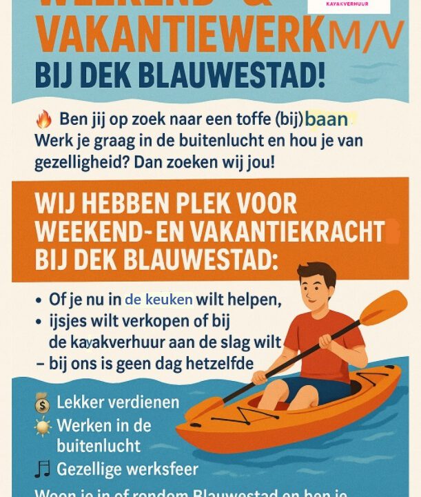 Weekend en Vakantiewerk m_v bij DEK Blauwestad keuken, terras, kayakverhuur, werken in de buitenlucht, gezellige sfeer ,lekker verdienen
