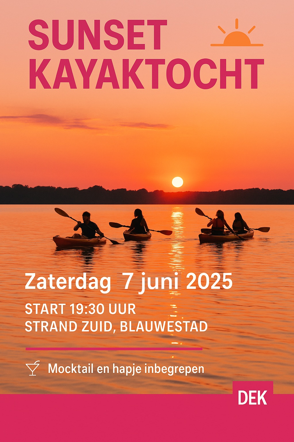 Sunset Kayaktocht verplaatst naar zaterdag 7 juni 2025 Kayakverhuur DEK Blauwestad Strand Zuid Oldambtmeer Groningen Nederland