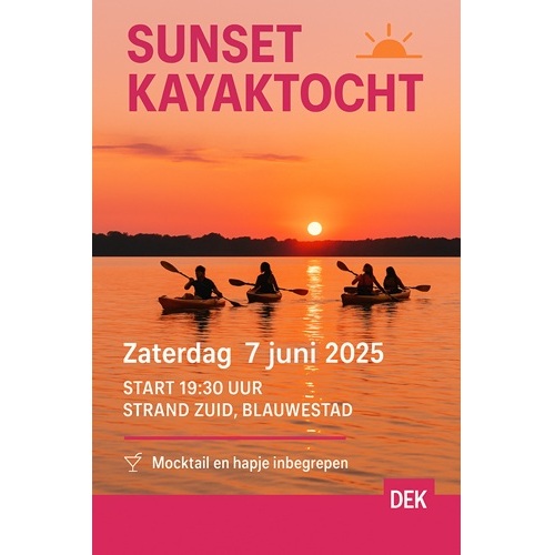 Sunset Kayaktocht zaterdagavond 7 juni 2025 bij DEK Blauwestad, Strand Zuid Oldambtmeer Groningen Nederland
