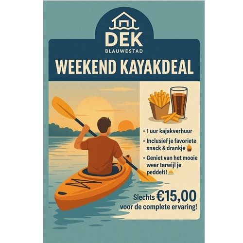 Weekend Kayakdeal zaterdagdag zondag kayakboothuren Blauwestad Oldambtmeer Zin in avontuur krijg je de kans om lekker het water op te gaan en daarna te genieten van een smakelijke snack