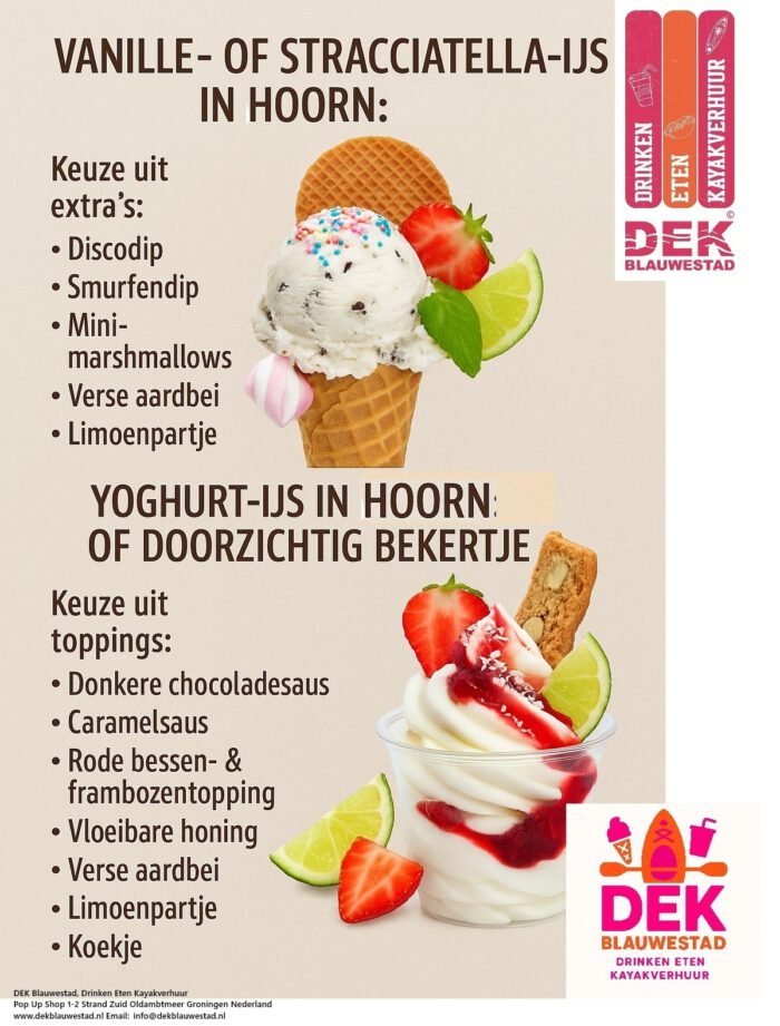 ambachtelijke Vanille of yoghurtijs in hoorntje of Stracciatella bij Kayakverhuur DEK Blauwestad Oldambtmeer Groningen Nederland