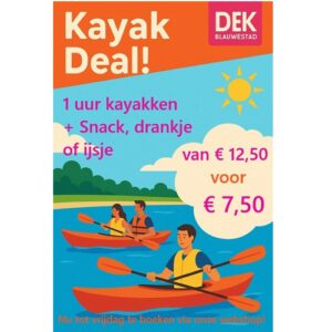 Kayak + Snack Deal 1 uur kayakken + snack, drankje of ijsje van 12.50 voor 7,50 Drinken Eten Kayakverhuur DEK Blauwestad Strand Zuid Oldambtmeer Groningen Nederland