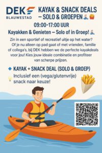 Kayak & Snack Deals – Solo & Groepen groeps activiteit Drinken Eten Kayaking Kayakkenverhuur DEK Blauwestad Oldambtmeer Groningen Nederland
