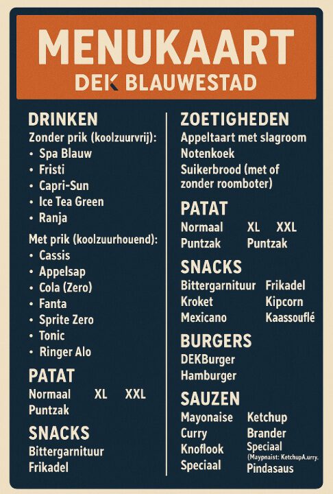 Eten DEK Blauwewestad Menukaart Drinken Eten Kayakverhuur DEK Blauwestad