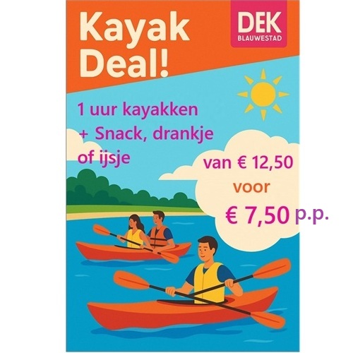 Kayak + snack deal juli 2025 bij Drinken Eten Kayakverhuur DEK Blauwestad Oldambt Groningen Nederland