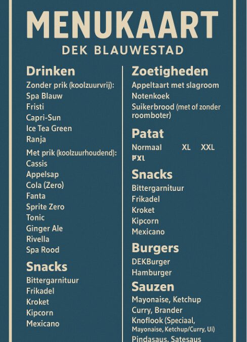 Menukaart Drinken Eten Kayakverhuur DEK Blauwestad