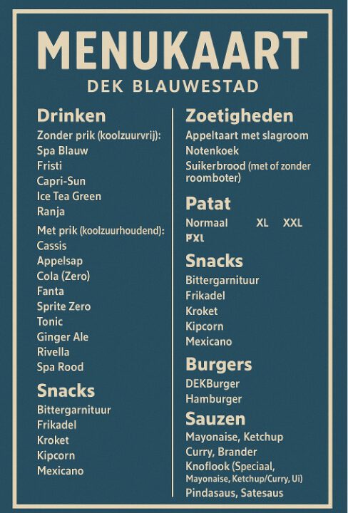Menukaart Drinken Eten Kayakverhuur DEK Blauwestad