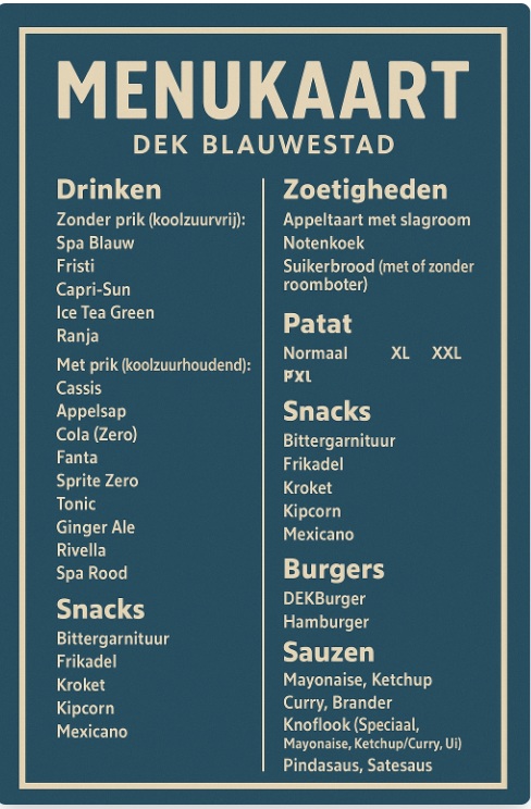 Menukaart Drinken Eten Kayakverhuur DEK Blauwestad