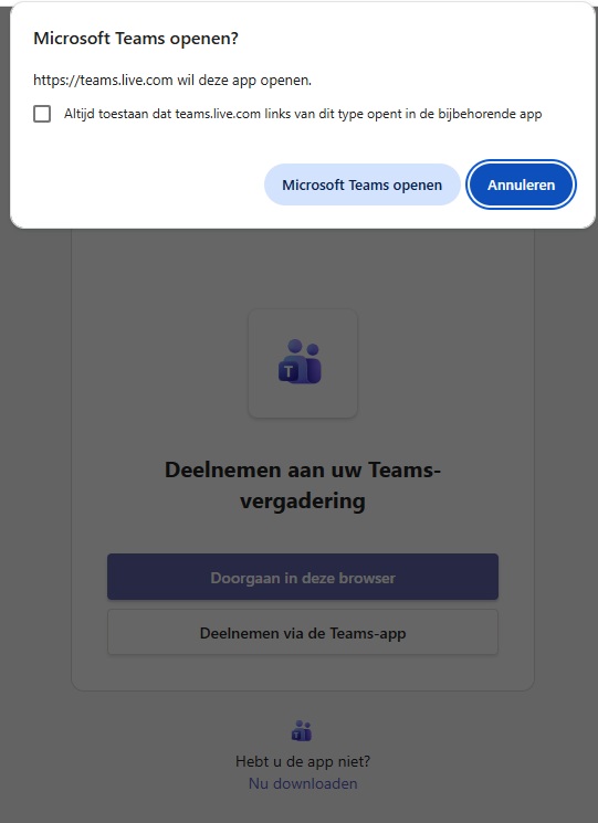 1. Klik op de link of plak de ontvangen teams link in je browser