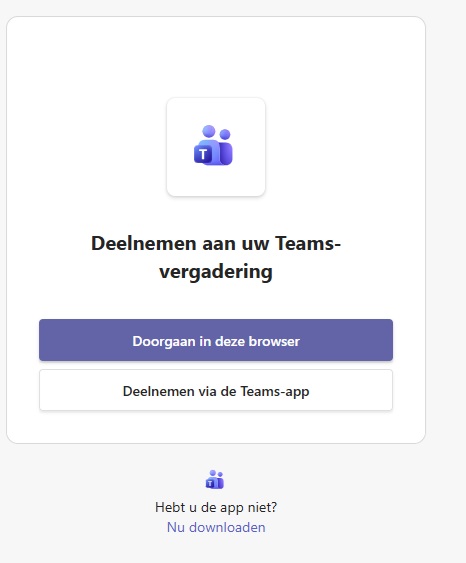 3. Kies Doorgaan in deze browser of Deelnemen via Teams-app als je die hebt geinstalleerd