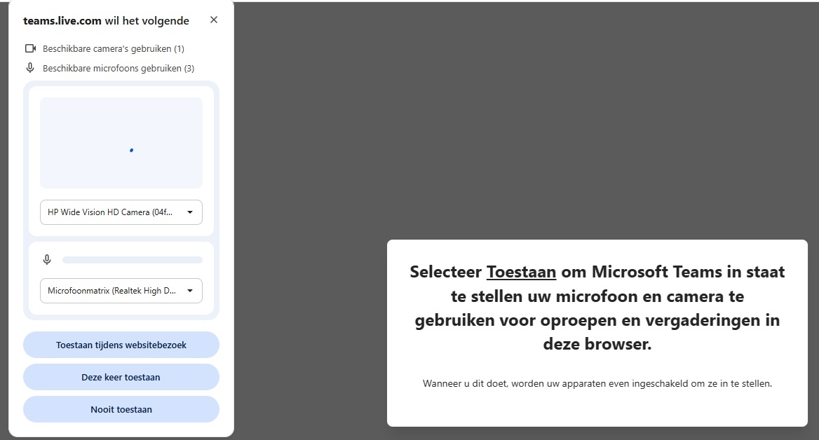 4. Geef Microsoft toegang om gebruik te maken van jouw microfoon en camera. Anders wordt het lastig om mee te spelen met de bingo