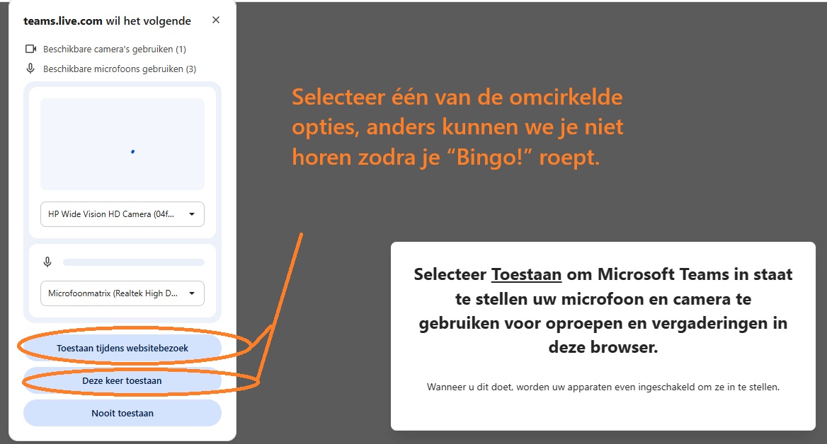 5. Geef Microsoft toesteimming door Toestaan tijdens websitebezoek of Deze keer toestaan. Selecteer één van de omcirkelde opties, anders kunnen we je niet horen zodra je “Bingo!” roept.