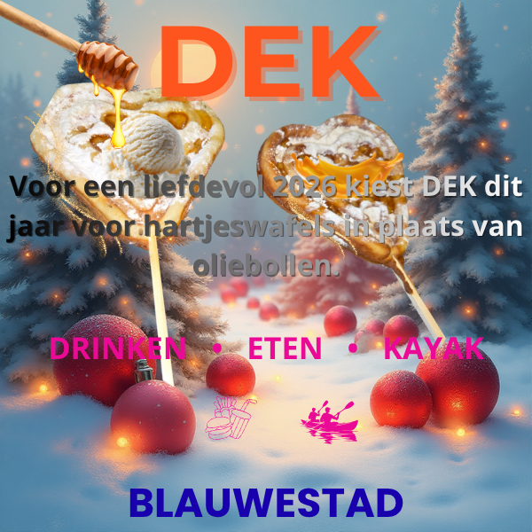 DEK Voor een liefdevol 2026 kiest DEK dit jaar voor hartjeswafels in plaats van oliebollen. Drinken Eten Kayakbootverhuur Strand Zuid Oldambtmeer Groningen Nederland