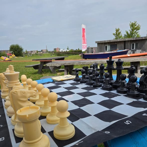 Schaken (Bord) spellendag bij DEK Drinken Eten Kayakverhuur Blauwestad op het terras Blauwestad Oldambtmeer Groningen Nederland