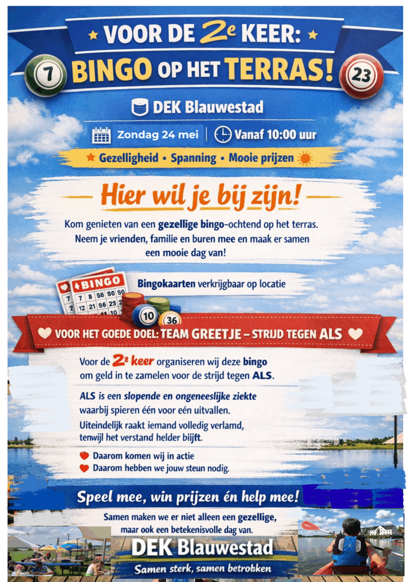 Bingo tegen ALS Zondag 24 mei 2026 terras DEK Blauwestad Strand Zuid Oldambtmeer Groningen Nederland 10.00uur