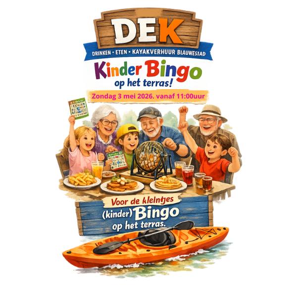 Kinder Bingo zondag 3 mei 2026 terras Drinken Eten Kayakverhuur DEK Blauwestad Strand Zuid Oldambtmeer Groningen Nederland