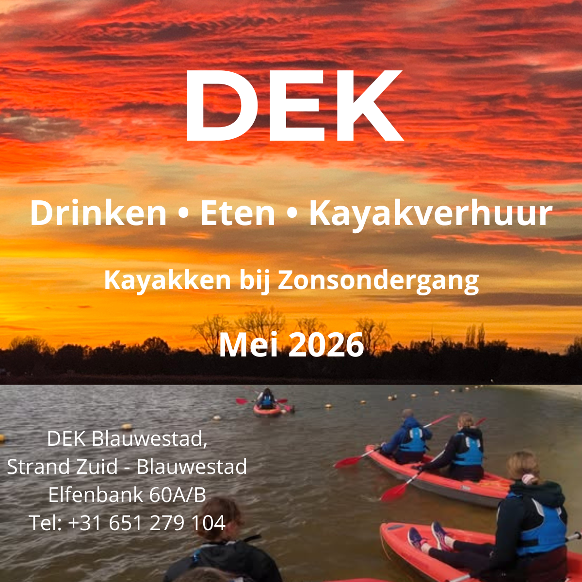 Sunset Kayakken boot verhuur Oldambtmeer Blauwestad boeken reserveren Mei 2026 Kayakken bij zonsondergang boot verhuur Mei 2026 Drinken Eten Kayakverhuur DEK Blauwestad Oldambt Groningen Nederland