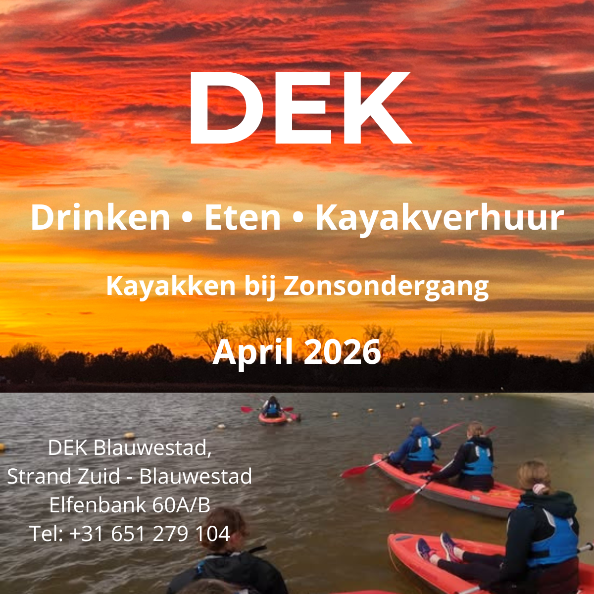 Sunset Kayakken boot verhuur Oldambtmeer Blauwestad boeken reserveren April 2026 Kayakken bij zonsondergang boot verhuur Mei 2026 Drinken Eten Kayakverhuur DEK Blauwestad Oldambt Groningen Nederland