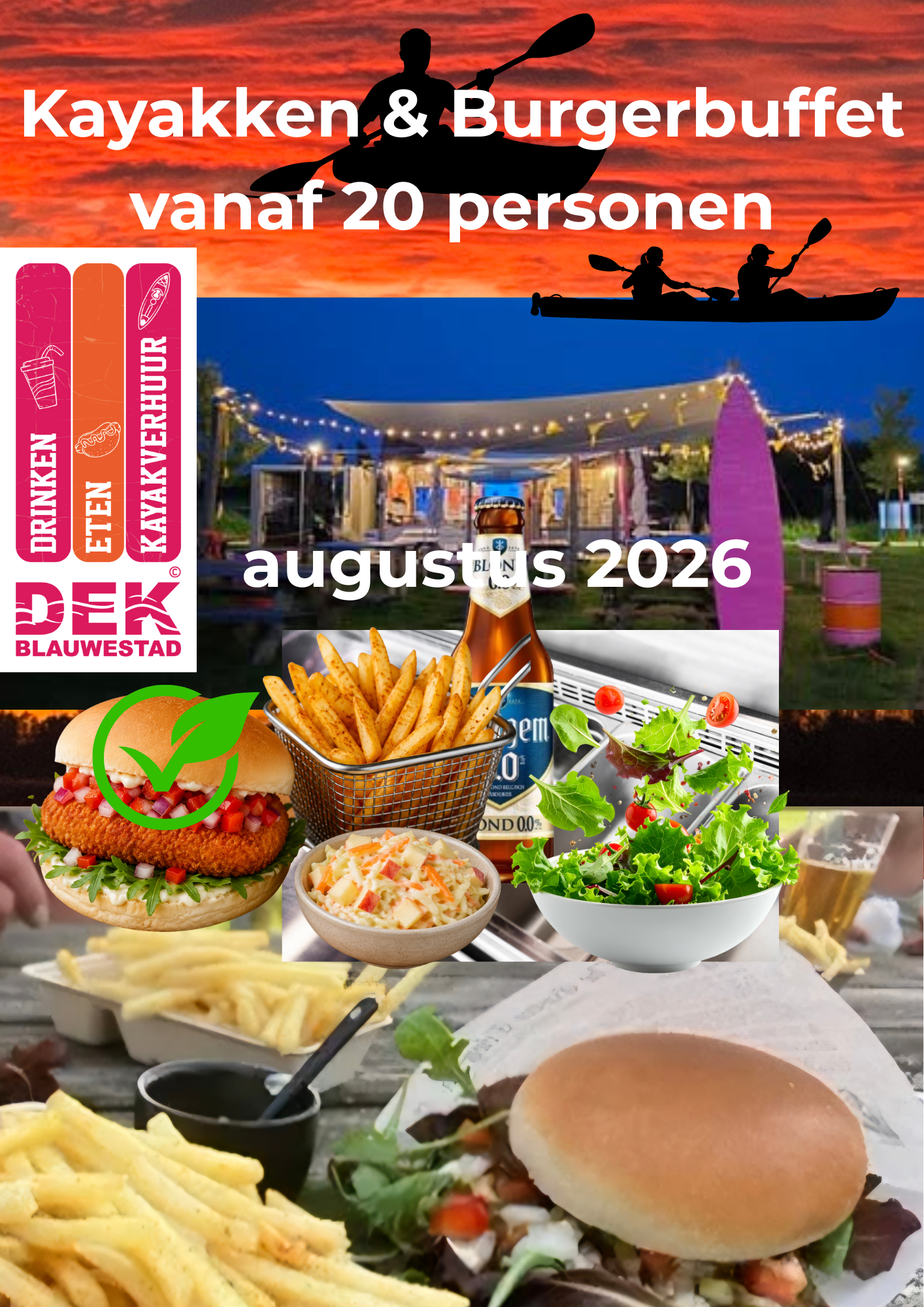 groepsuitje teamuitje familiedag Kayakken & Burgerbuffet vanaf 20 personen augustus 2026 DEK Blauwestad Strand Zuid Oldambt Groningen Nederland