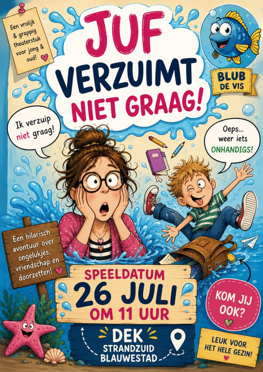 Juf-verzuipt-niet-graag-strandvoorstelling-DEK Blauwestad-Strand Zuid Oldambtmeer Groningen Nedeland