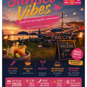 DEK Summer Sunset 2026 Een sfeervolle zomeravond 18 juli 2026 met live muziek, uitzicht over het Oldambtmeer, Strand Zuid Oldambtmeer Groningen Nederland dansen 60s 70s 80s classics