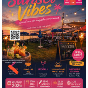 Sunset Vibes Geniet van een magische zomeravond met uitzicht op het water zomeravond van Oldambt Blauwestad bbq dansen 60s 70s 80s muziek oldambt zaterdag 18 juli 2026 Gratis Entree