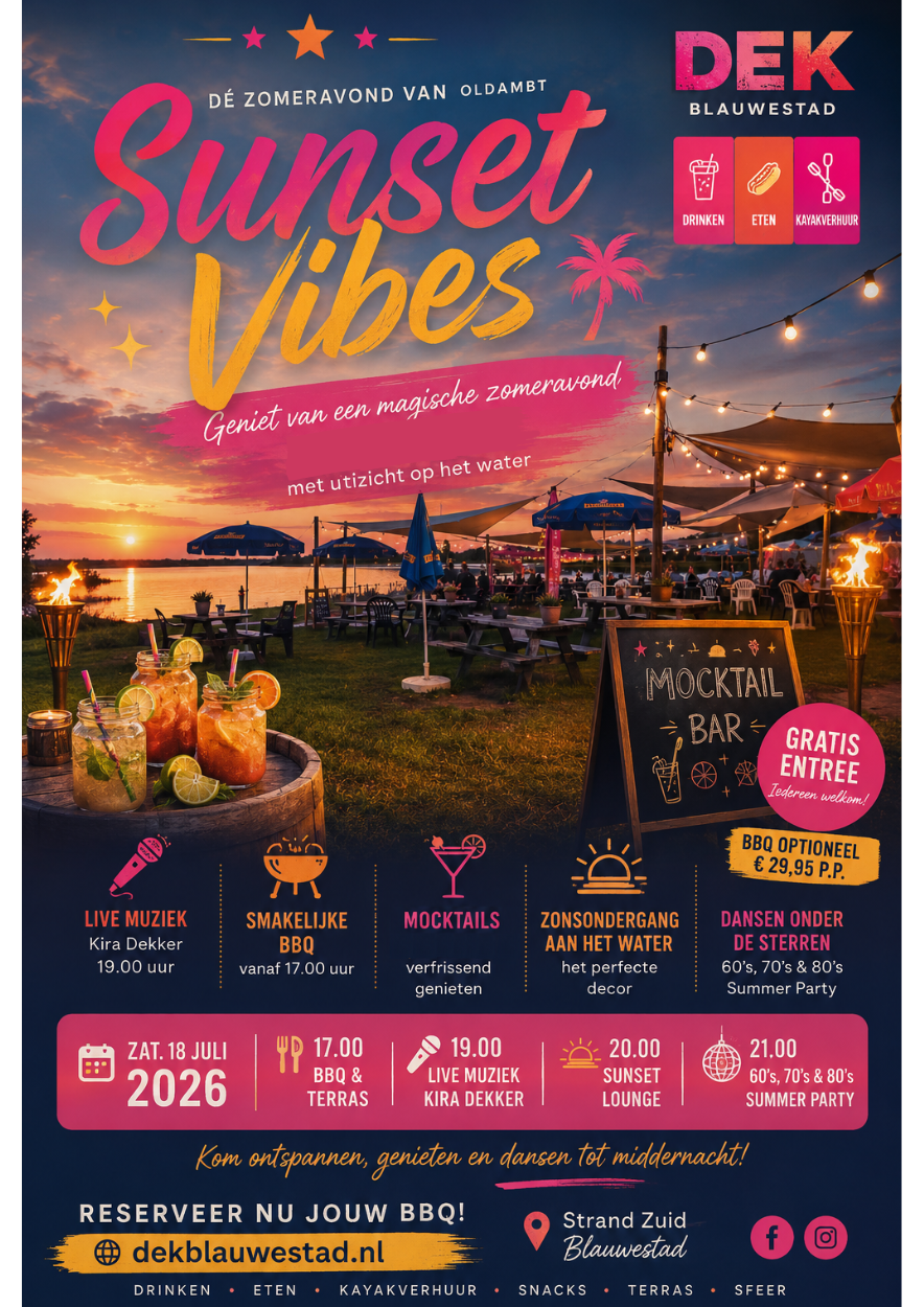 DEK Summer Sunset 2026 Een sfeervolle zomeravond 18 juli 2026 met live muziek, uitzicht over het Oldambtmeer, Strand Zuid Oldambtmeer Groningen Nederland dansen 60s 70s 80s classics