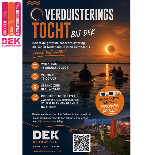 zonsverduistering kayaktocht woensdag 12 augustus 2026 verduisteringstocht kayakverhuur DEK Blauwestad Strand Zuid Oldambtmeer Groningen Nederland